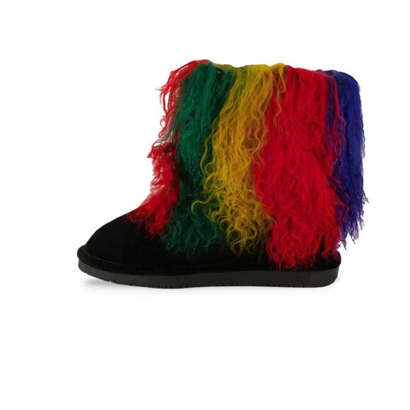 NEW BEARPAW Boo Real Lamb Fur Lined Boots "Rasta" Black / Multi Womens Size 10 - Picture 12 of 13